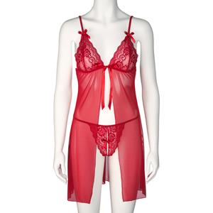 Nortie Gro Rode Kanten Babydoll Set     - Rood