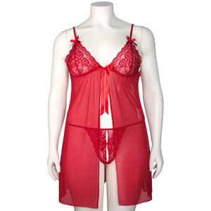 Nortie Gro Rode Kanten Babydoll Set Plus Size   - Rood