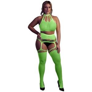 Ouch! Glow in The Dark Neon Green Crop Top met Jarretelkousen Plus Size   - Groen