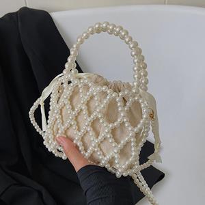 French Retro Handbag Fairy Woven Beaded Bucket Bag Crossbody Bag Summer Niche Design Hollowed Out Pearl Bag