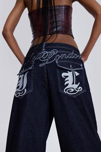 Jaded London Sonic Embroidered Baggy Jeans In Indigo