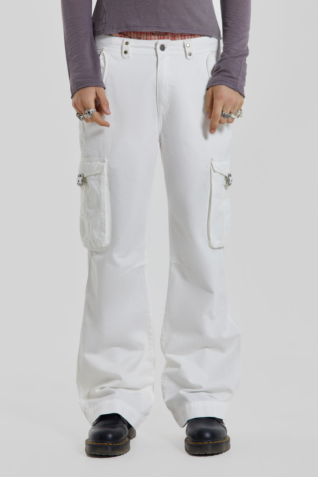 Jaded Man White Straight Leg Cargo Trousers