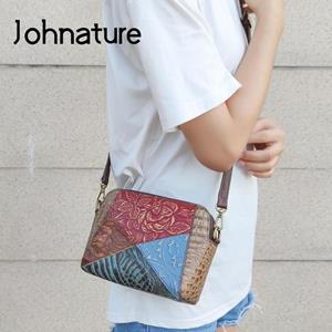 Johnature Genuine Leather Retro Crossbody Bags For Women Versatile Color Stitching Embossed Soft Cowhide Shoulder Bag