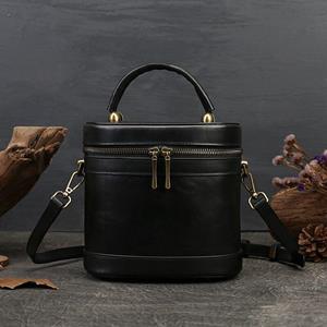 Genuine Leather Women Bag Versatile Retro Bucket Handbag Natural Soft Cowhide Solid Color Shoulder & Crossbody Bags