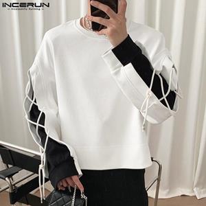 INCERUN Spring Men's Long Sleeve Stitching Color Drawstring Tops