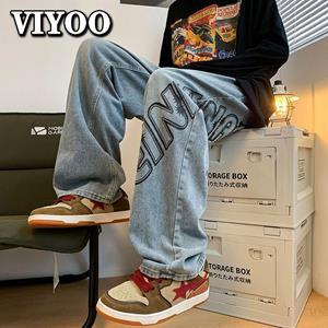 VIYOO Men's Fashion Brown Y2K Clothes Printed Jeans Men Baggy Jeans Denim Straight Trousers Jogger Wide Leg Pants Streetwear For Men