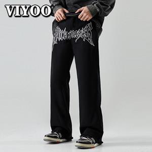 VIYOO Gothic Goth Oversized Men's Y2K Clothes White Jeans Men Embroidery Vintage Baggy Jeans Straight Denim Cargo Wide Leg Pants Trousers Streetwear