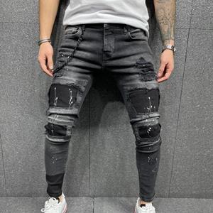 YIKX Fashion Men Ripped Skinny Jeans Biker High Quality Black Distressed Slim-Fit Pencil Pants Locomotive Zipper Denim Pants Hip Hop Trousers