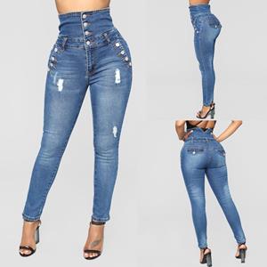 Mei hua Dames dragen high-waist multi-buckle high-elastische rechte cilinder jeans