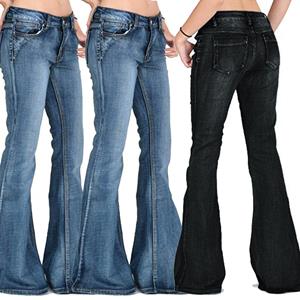Mei hua Dames Destoryed Flare Jeans Knop Taille Bell Bottom Denim Broek