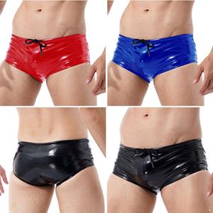 IEFiEL Mens Wet Look Patent Leather Swimming Trunks Low Rise Drawstring Boxer Shorts Swimwear