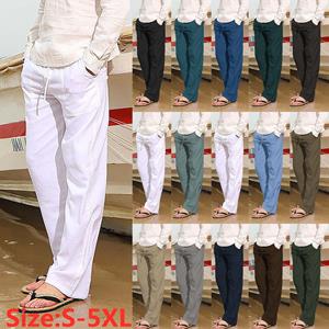 Belive PER Men Fashion Cotton Linen Plus Size Casual Elastic Waist Pockets Long Pants