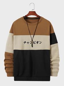 ChArmkpR Mens Japanese Print Color Block Patchwork Pullover Sweatshirts