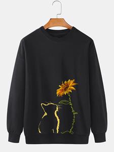 ChArmkpR Mens Cat Sunflower Print Crew Neck Pullover Sweatshirts