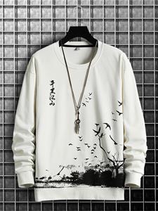 ChArmkpR Mens Chinese Ink Landscape Print Crew Neck Pullover Sweatshirts