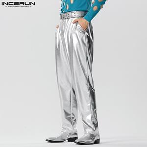 INCERUN Spring Men's Silver Straight Loose Shining Maxi Trousers