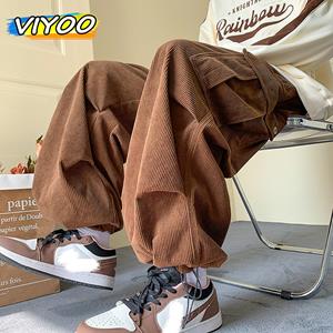 VIYOO Heren Bruin Y2K Baggy Japan Broek Oversized Corduroy Los Wijde Pijp Cargo Pant Broek Casual Mannen Joggingbroek Streetwear Koreaans