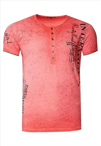 Rusty Neal RustyNeal - T-shirt Heren - Knoopsluiting - Koraal - Ronde Hals