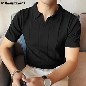 INCERUN Summer Mens Knit Polo Tops Short Sleeve V Neck Solid Color