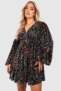 Boohoo Plus Glitter Regenboog Skater Jurk Met Pailletten En Shirtmouwen, Black