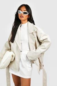 Boohoo Super Oversized Biker Jas Met Ceintuur, Stone