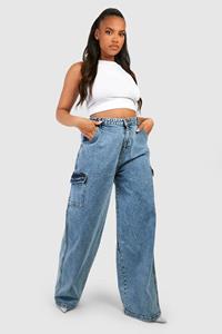 Boohoo Plus Acid Wash Gebleekte Wide Leg Jeans Met Cargo Zakken, Acid Wash Dark Blue
