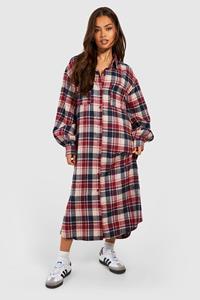 Boohoo Flannel Oversized Midi Shirt Dress, Berry