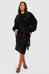 Boohoo Plus Fluwelen Glitter Midi Jurk Met Pailletten, Shirtmouwen En Ceintuur, Black