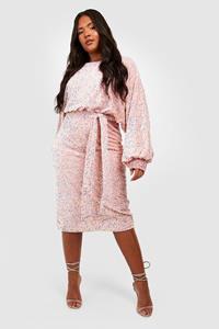 Boohoo Plus Fluwelen Glitter Midi Jurk Met Pailletten, Shirtmouwen En Ceintuur, Baby Pink
