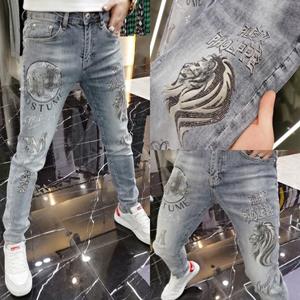 Little red horse Spring and Summer Stretch Jeans Men's Heavy Embroidery Hot Drilling Printed Fashion Brand Handsome Casual Slim Fit Ankle Tight