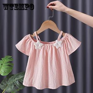 WTEMPO Summer Kids Cute Printing T Shirts Girls Off Shoulder Sling Loose Short Sleeve Star T-Shirt Baby Shirt Solid Color Top