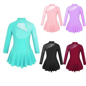 IEFiEL Kids Girls Skating Leotard Dress Long Sleeves Tulle Splice Cutouts Back Style Sparkly Rhinestone Decor Dress