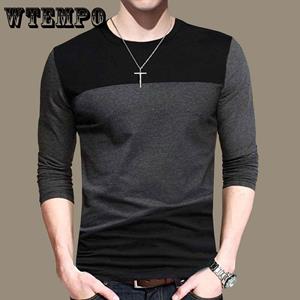 WTEMPO Spring Autumn Splicing Compassionate Cotton Men's Long-sleeved T-shirt Round Neck Plus Size Shirt Youth Bottoming Shirt