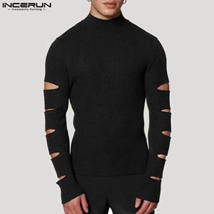 INCERUN Spring Autumn Men Turtle Neck Hollow Out Slim Fit Tops