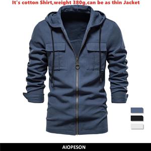 AIOPESON Men Fashion AIOPESON Spring 100% Cotton Hooded Shirt Man Long Sleeve Casual Pocket Slim Fit Men's Shirts Retro Zipper Fashion Men Clothing