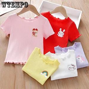 WTEMPO Children's Short-sleeved T-shirt Ice Silk Ruffles Bottom Shirt Little Girl's Baby Foreign Style Borduurwerk Top Zomer Kleding