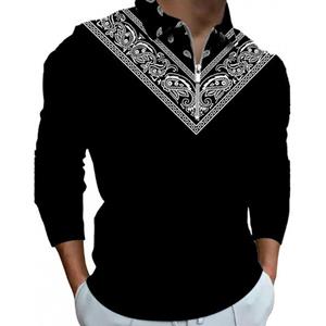 3D Custom Clothing Polo Shirts Men Long Sleeve Fashion Black Cashew Print New Men's Polo Shirt Long Sleeve Zipper T-shirt Top