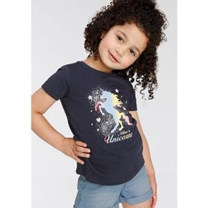 KIDSWORLD T-shirt Believe in Unicorns Korte mouwen, heuplange pasvorm, met glinsterende print, ronde hals