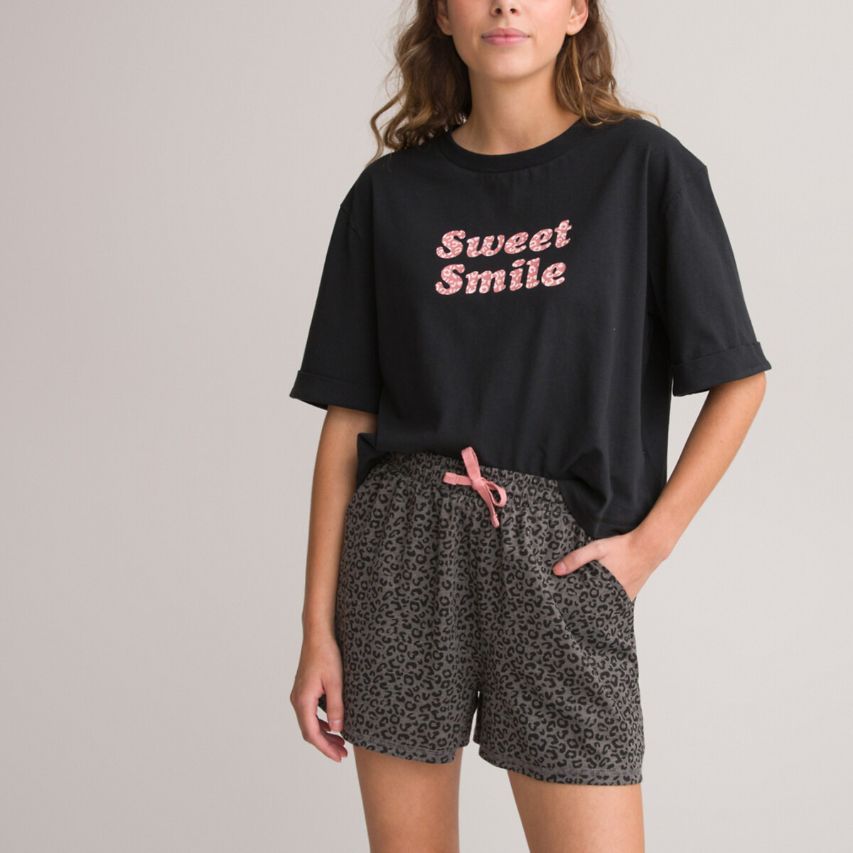 LA REDOUTE COLLECTIONS Pyjashort met tekst en luipaardprint
