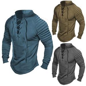 Manshanwangluo Men Retro Stand Collar Cross Lace-up Pullover Tops Pleated Long Sleeve Solid Color Slim Fit Casual T-shirt Streetwear