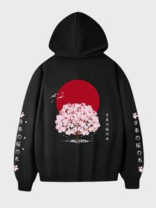 ChArmkpR Mens Japanese Cherry Blossoms Print Loose Long Sleeve Hoodies