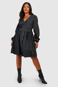 Boohoo Plus Skater Spijkerjurk Met Ceintuur, Washed Black