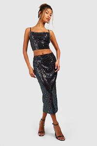 Boohoo Rainbow Sequin Midaxi Skirt, Black