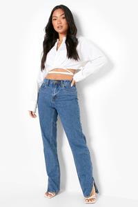 Boohoo Petite Basic Jeans Met Hoge Taille En Split, Mid Wash