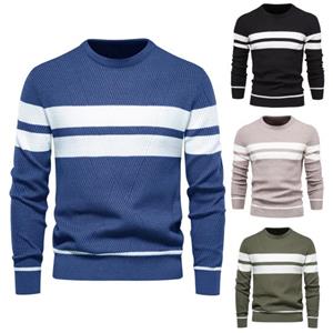 Manshanwangluo Men Autumn Winter O-neck Long Sleeve Pullover Sweater Striped Print Patchwork Color Warm Knitting Tops