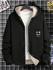 ChArmkpR Mens Smile Face Embroidered Snap Button Plush Lined Hooded Jacket