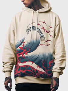 ChArmkpR Mens Japanese Wave Print Long Sleeve Loose Drawstring Hoodies