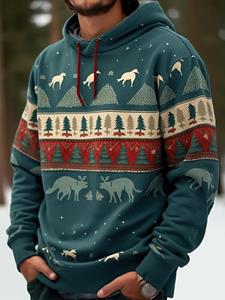 ChArmkpR Mens Christmas Tree Elk Print Long Sleeve Drawstring Hoodies
