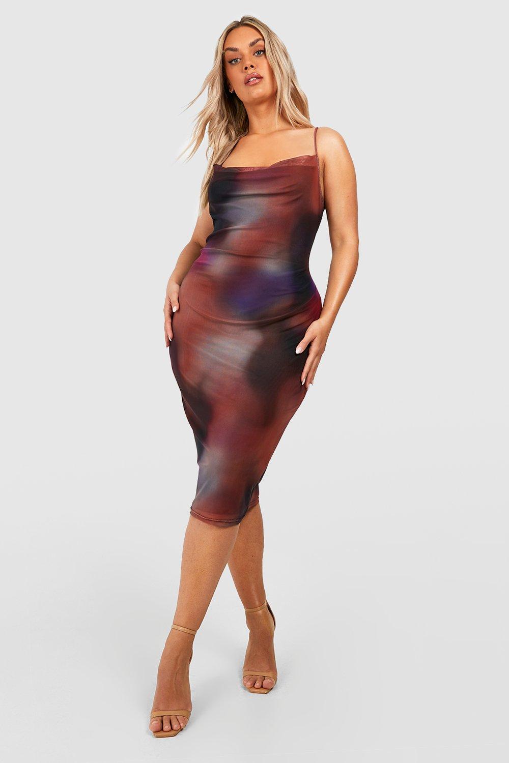 Boohoo Plus Abstracte Mesh Midi Jurk Met Waterval Hals, Purple