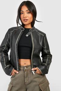 Boohoo Petite Nepleren Vintage Look Moto Jas, Black